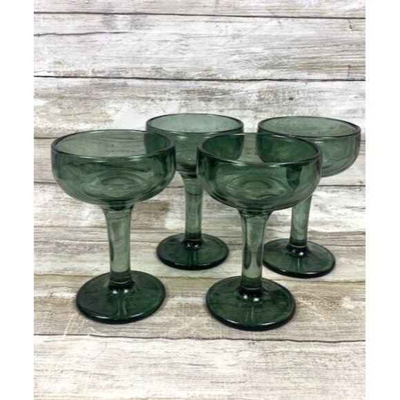 Vintage Avocado Green Coupe Glasses Set Of 4 - Recycled Hand Blown Glasses. - Picture 1 of 7